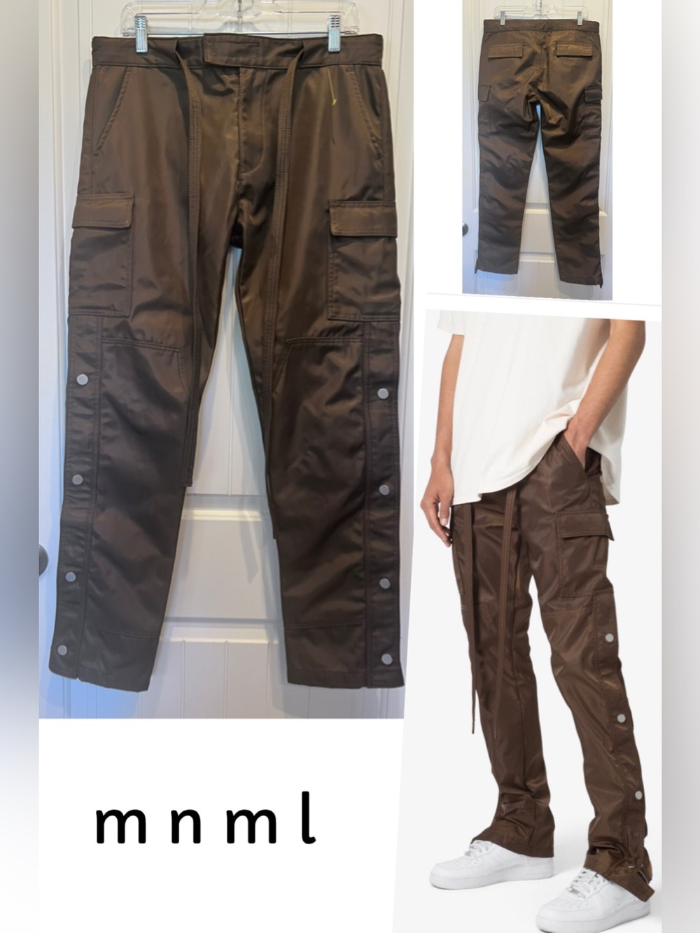 MNML Snap Zip Cargo Pants Brown Nylon Tactical Streetwear Relaxed Fit Utility 31